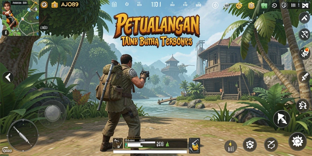 Screenshot gameplay AJO89 menampilkan eksplorasi dunia terbuka yang luas.