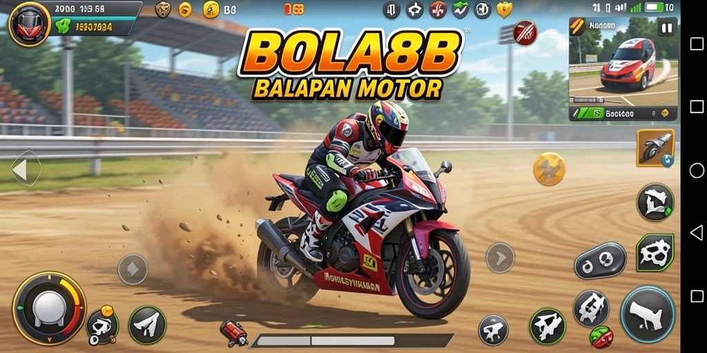 Screenshot utama BOLA88 menampilkan aksi balapan motor yang mendebarkan.