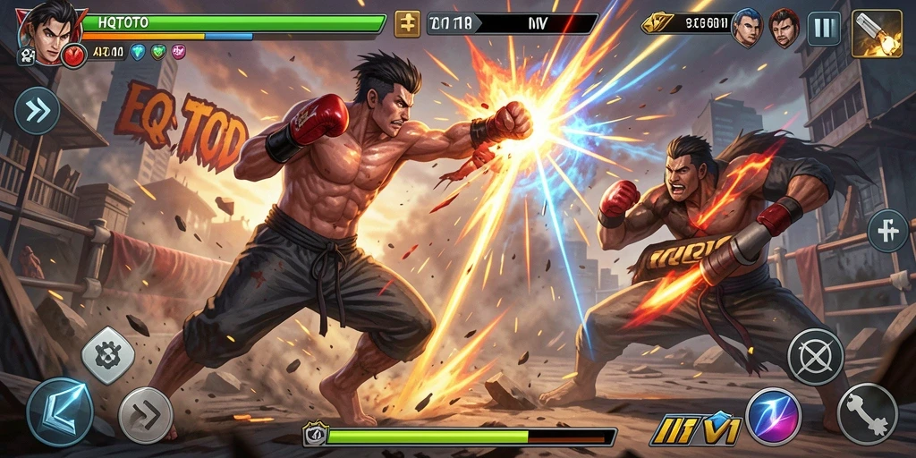 Screenshot gameplay HQTOTO menampilkan pertarungan mendebarkan antar karakter.