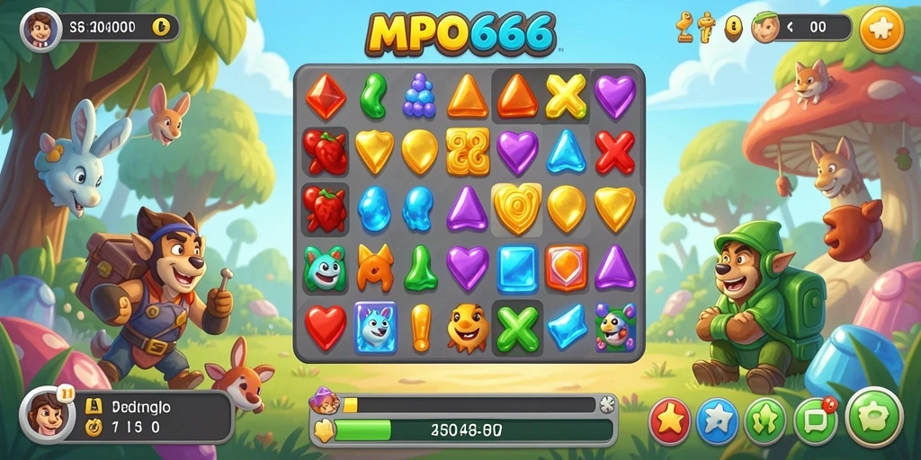 Screenshot utama MPO666 menampilkan gameplay Match-3 yang seru.