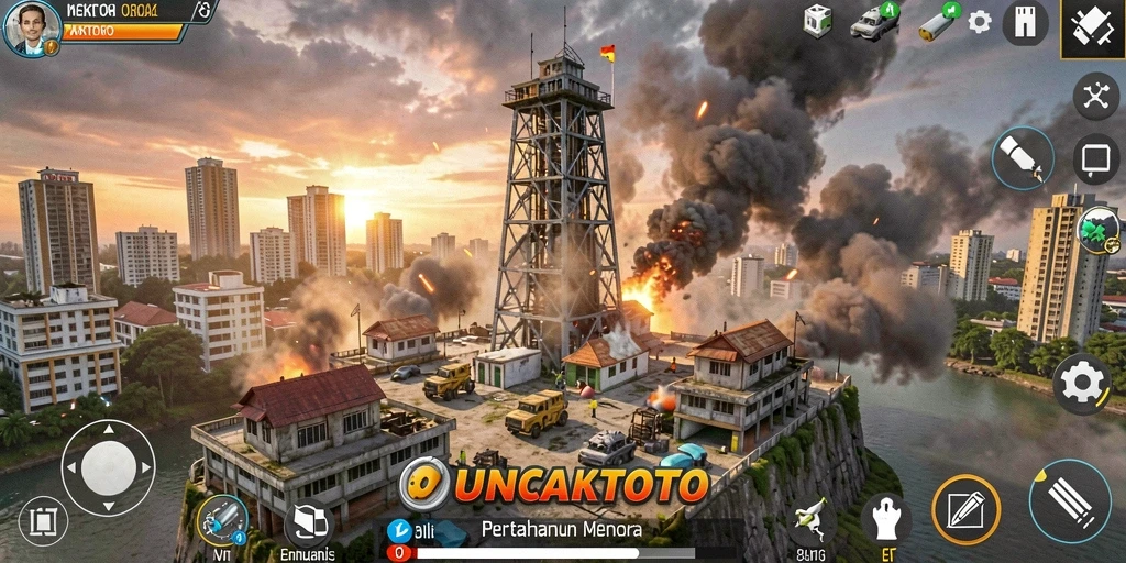 Screenshot PUNCAKTOTO yang menampilkan aksi menara pertahanan dalam gameplay.