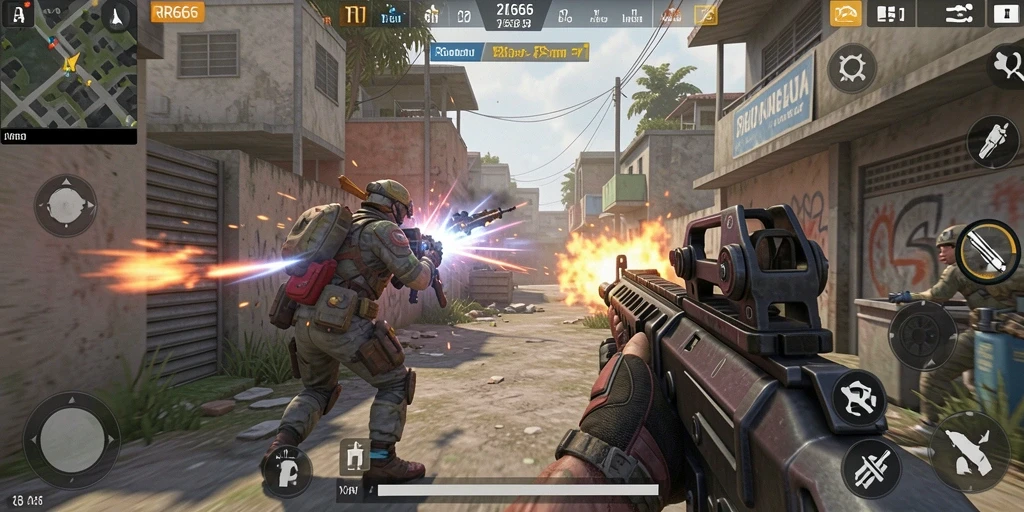 Tampilan gameplay intens dari RR666 dalam aksi FPS.
