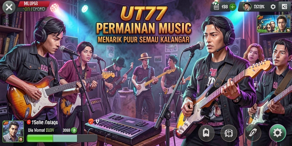 Screenshot UT77 menampilkan gameplay yang penuh warna dengan berbagai pilihan lagu musik.